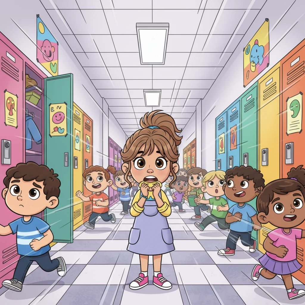 Maya enters the school hallway, which is a whirlwind of colorful kids, giant lockers, and new posters. Everything seems to move too fast, and the sounds are a loud, happy buzz that makes her want to pull her hood up. She feels like a small, quiet mouse in a bustling carnival.
