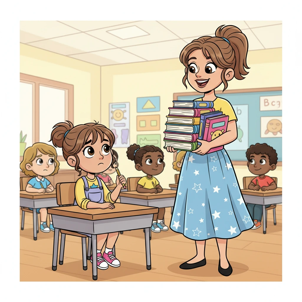 In the classroom, a new teacher, Ms. Lily, stands at the front with a beaming smile and a stack of colorful books. Maya sits at her desk, feeling tiny, her shoulders hunched slightly as Ms. Lily introduces herself and her exciting plans for the year. Maya's pencil wiggles nervously between her fingers.