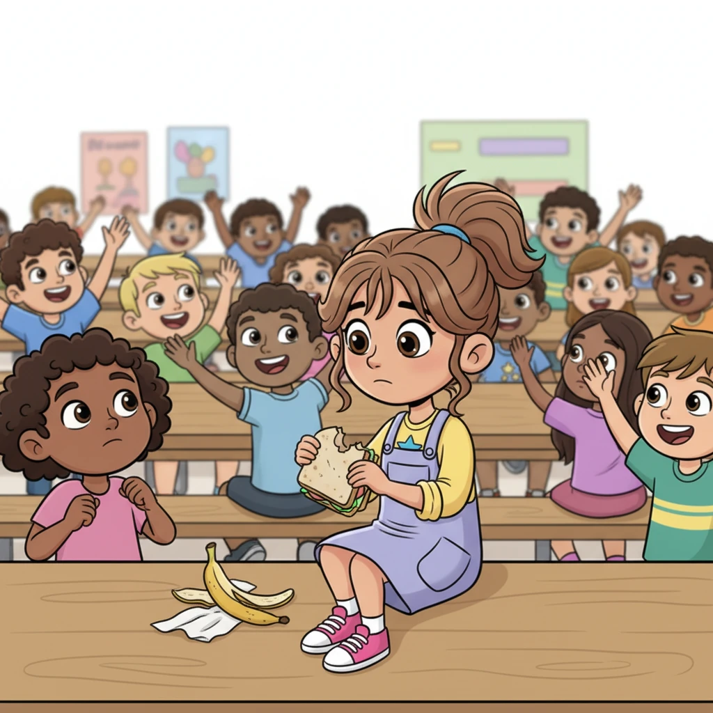 During lunch, Maya picks at her sandwich, watching other children laugh and chat easily. She feels a little invisible, a small island in a sea of new faces and lively conversations. A discarded banana peel on a nearby table seems more interesting than trying to join in.