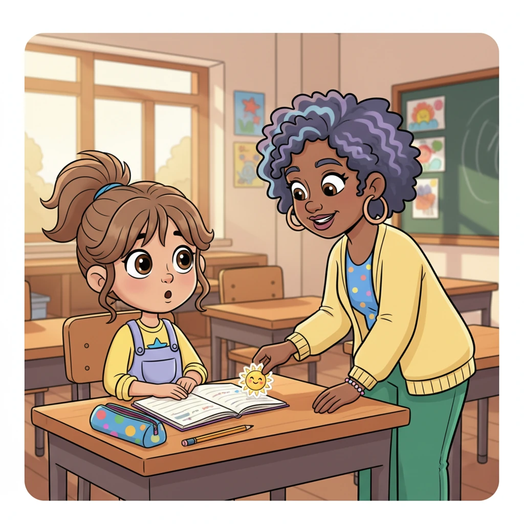 Ms. Lily walks by Maya's desk, noticing her quietness. Instead of saying anything, she gently places a small, sparkly sticker of a smiling sun next to Maya's notebook. Maya looks up, surprised, a tiny flicker of warmth spreading in her chest. The sun sticker seems to wink at her.
