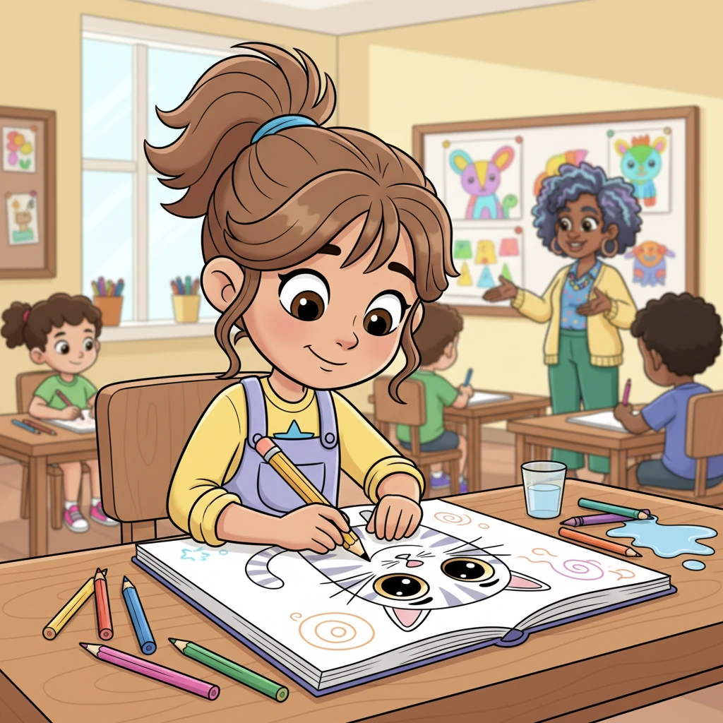 During art class, Ms. Lily asks everyone to draw their favorite animal. Maya, usually hesitant, finds herself sketching a whimsical, striped cat with enormous, curious eyes. She adds tiny, swirling patterns to its fur, getting lost in the rhythm of her pencil. A tiny spark of joy ignites within her.
