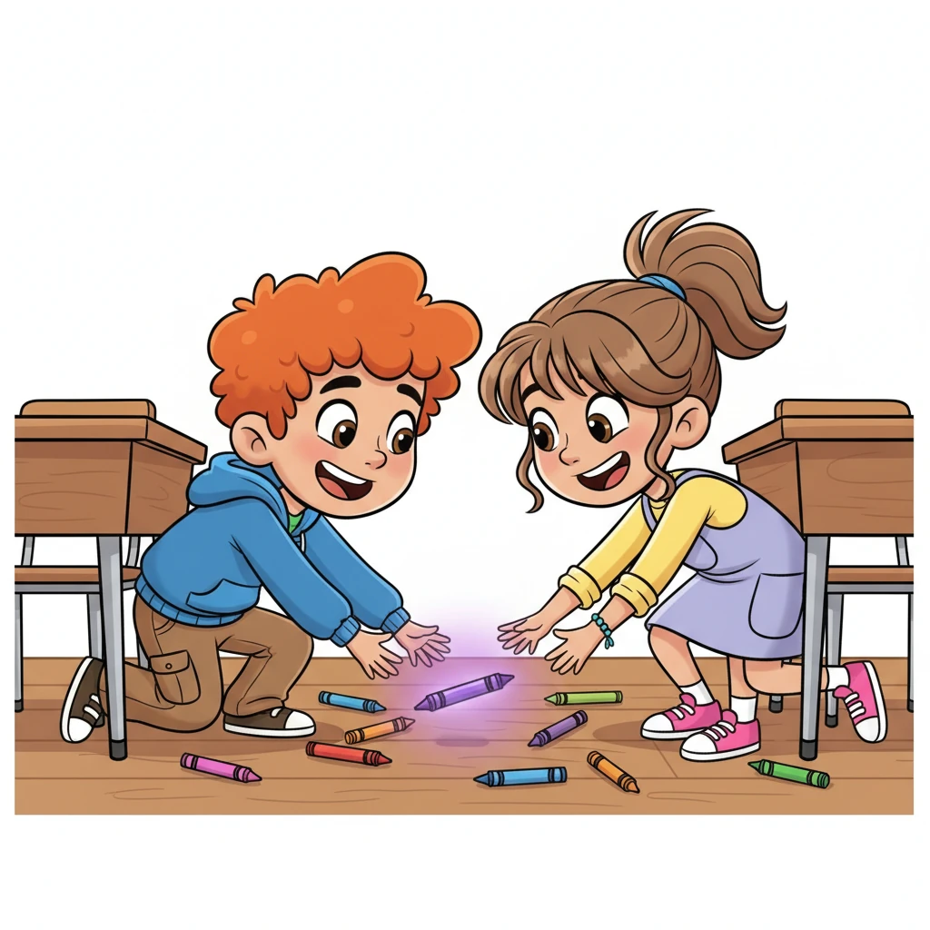 A classmate, Leo, with bouncy red hair and an even bouncier smile, accidentally drops his crayons, sending them rolling under Maya's desk. As they both reach for a purple crayon, their hands bump, and they share a quick, unexpected giggle. The purple crayon seems to glow with a friendly aura.