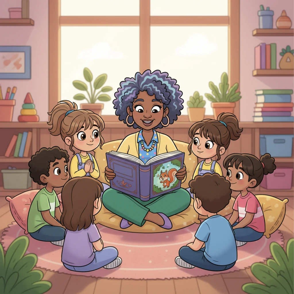 Ms. Lily gathers the class for story time, reading from a big, illustrated book about a brave little squirrel. Maya, nestled among her classmates, feels the gentle rhythm of Ms. Lily's voice and the warmth of being part of the group. The squirrel on the page looks like it's winking just at her.
