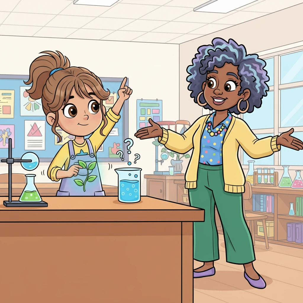 Later, during a science experiment, Maya, usually silent, raises her hand with a small, but steady, question about the bubbling liquid. Ms. Lily smiles warmly and answers, encouraging her curiosity. A small, confident sprout of courage begins to unfurl in Maya's heart.