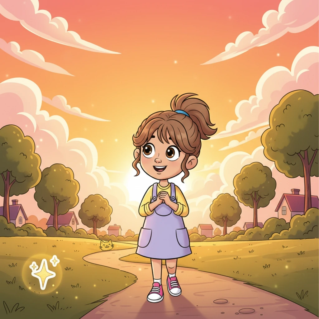 As Maya walks home, the setting sun paints the sky in cheerful oranges and pinks. She thinks about the day – the sticker, the cat drawing, the shared laugh, and her brave question. A hopeful smile blooms on her face, realizing that even big changes can bring bright new adventures.