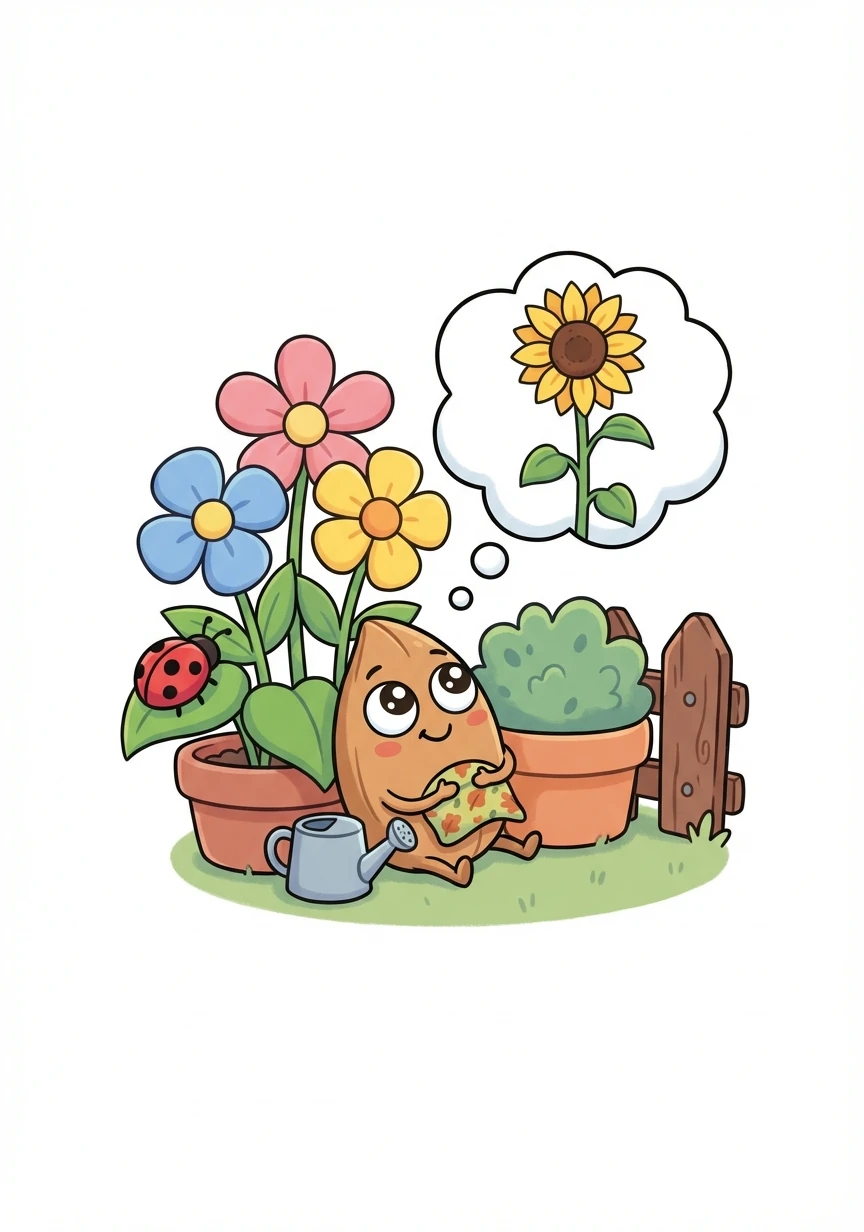 In a cozy corner of a garden, lived a tiny seed named Pip. Pip wasn't like the other seeds; he dreamed of growing into the tallest sunflower in the whole wide world.