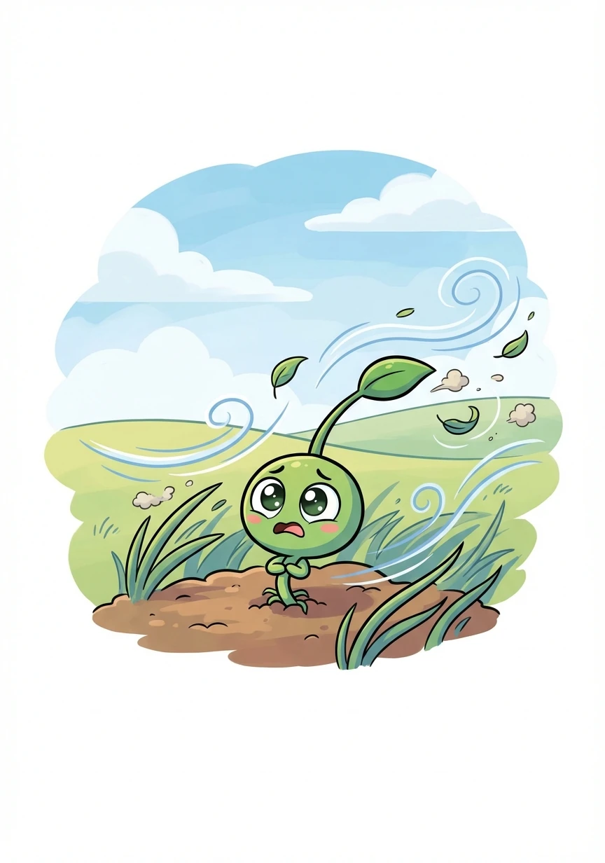 Pip clung tightly to the earth, his little stem swaying in the wind. He was scared, but he remembered the ladybug's words and held on with all his might.