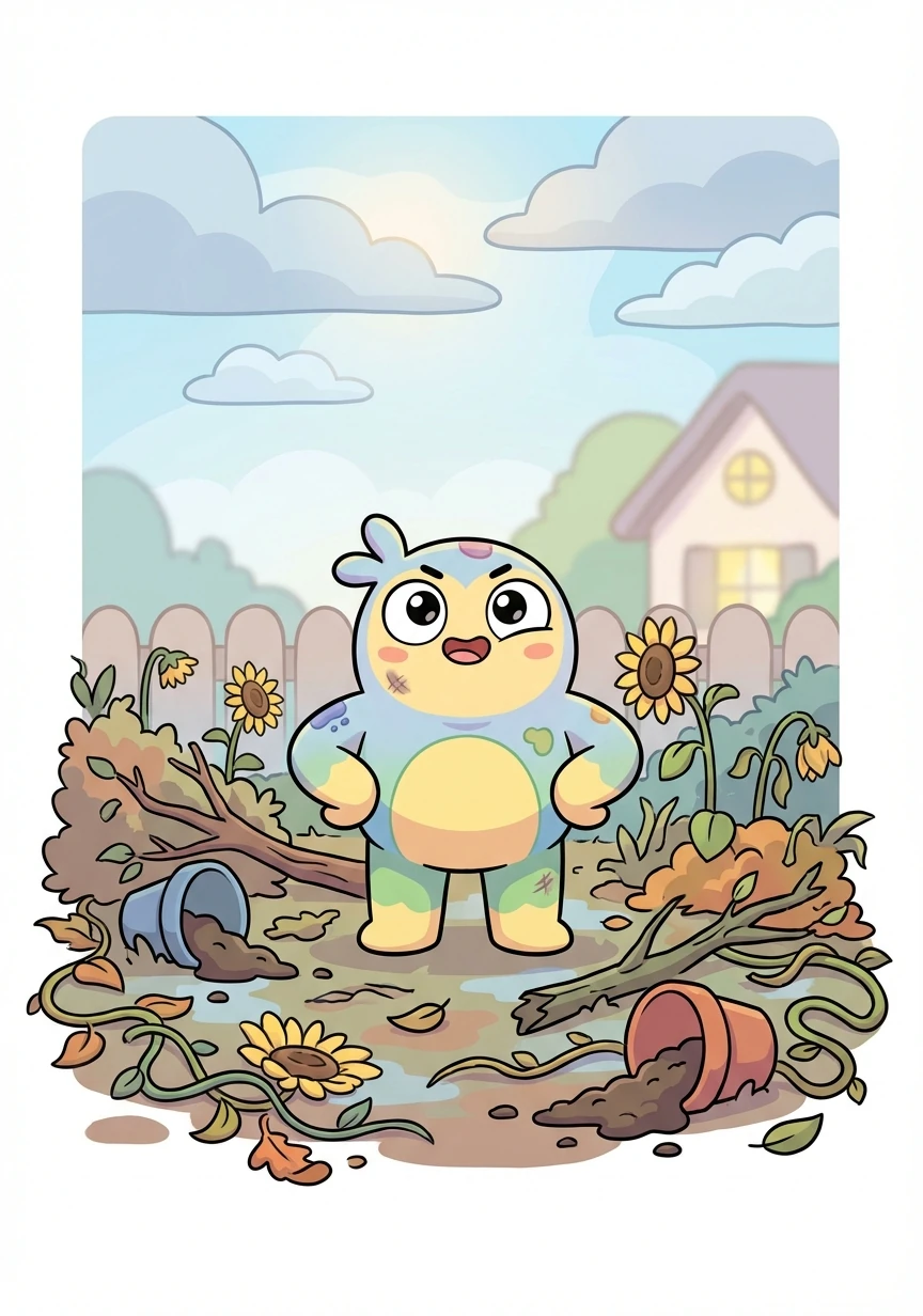 When the storm finally passed, the garden was a mess. Many plants were broken and scattered, but Pip stood tall, bruised but not broken.