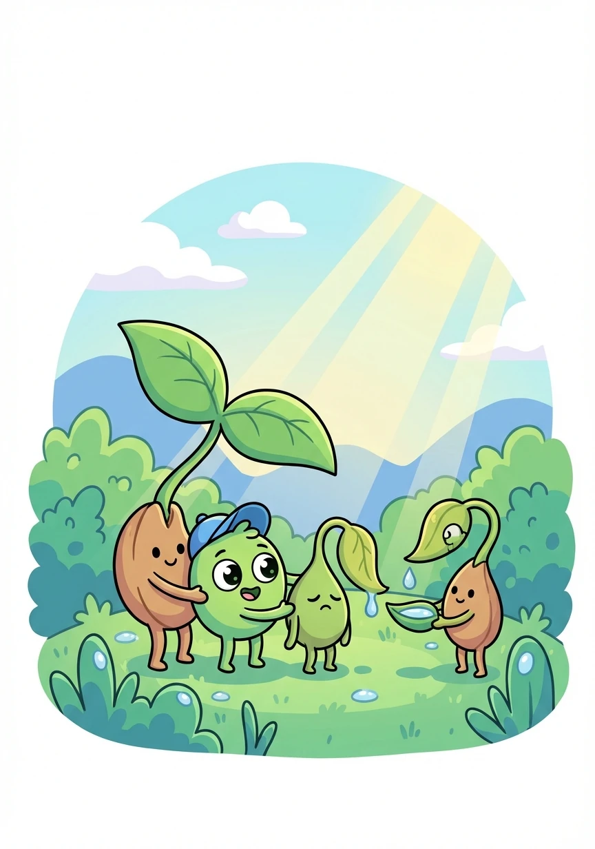 Together, the seeds helped each other recover from the storm. They shared sunlight and water, supporting each other's growth.