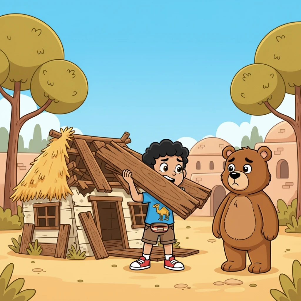 في أحد الأيام، بينما كان سامي يلعب، رأى منزلاً صغيراً على وشك الانهيار. كان المنزل ملكاً لصديقه، الدب. حاول سامي أن يساعد، لكنه لم يستطع رفع الأخشاب الثقيلة.