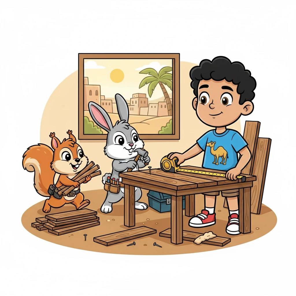 عمل الأصدقاء معًا. حمل السنجاب الأخشاب الصغيرة، بينما قام الأرنب بتثبيت المسامير. ساعد الثعلب في قياس الأخشاب.