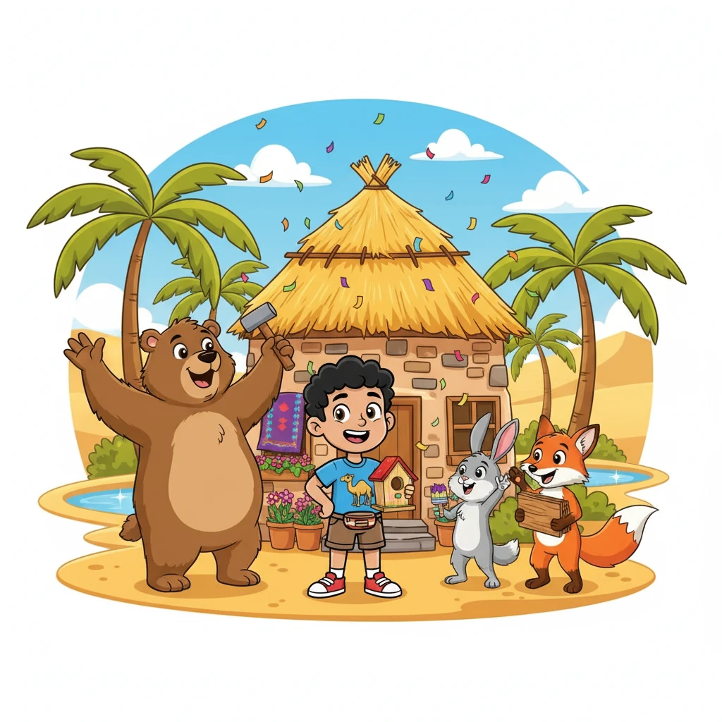 في النهاية، تم إصلاح منزل الدب. كان الجميع سعداء ومتحمسين. أدرك سامي قيمة التعاون.