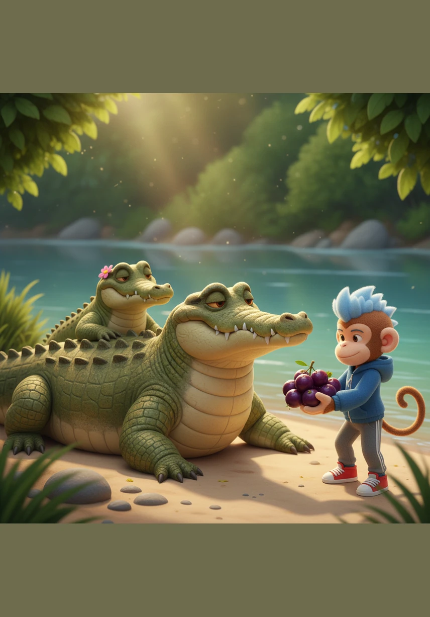 One sunny afternoon, Kapi noticed a tired crocodile named Makara resting near the riverbank. Noticing the crocodile looked hungry and weak, the kind-hearted monkey offered him some of the ripe, juicy jamuns from his tree.