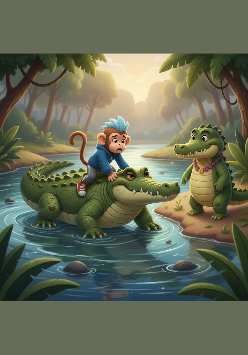 The next morning, Makara approached Kapi with a forced smile and invited him to his home for a special feast. Since Kapi could not swim, Makara offered to carry him across the wide, deep river on his sturdy back.