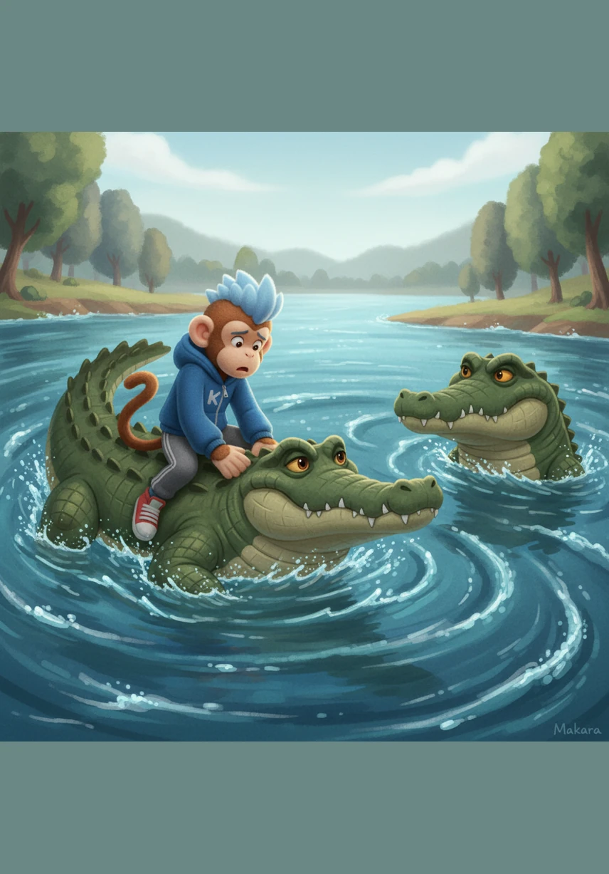 As they reached the middle of the river where the water was deep and the current strong, Makara began to sink lower. He sadly confessed the truth to Kapi, explaining that his wife wanted to eat the monkey's heart.
