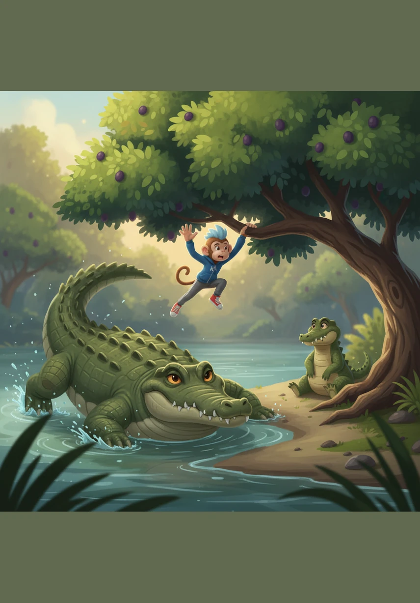 The simple-minded Makara believed Kapi and quickly turned around, swimming back to the riverbank as fast as he could. As soon as they reached the shore, Kapi leaped off the crocodile's back and scrambled high into the safety of the jamun tree.