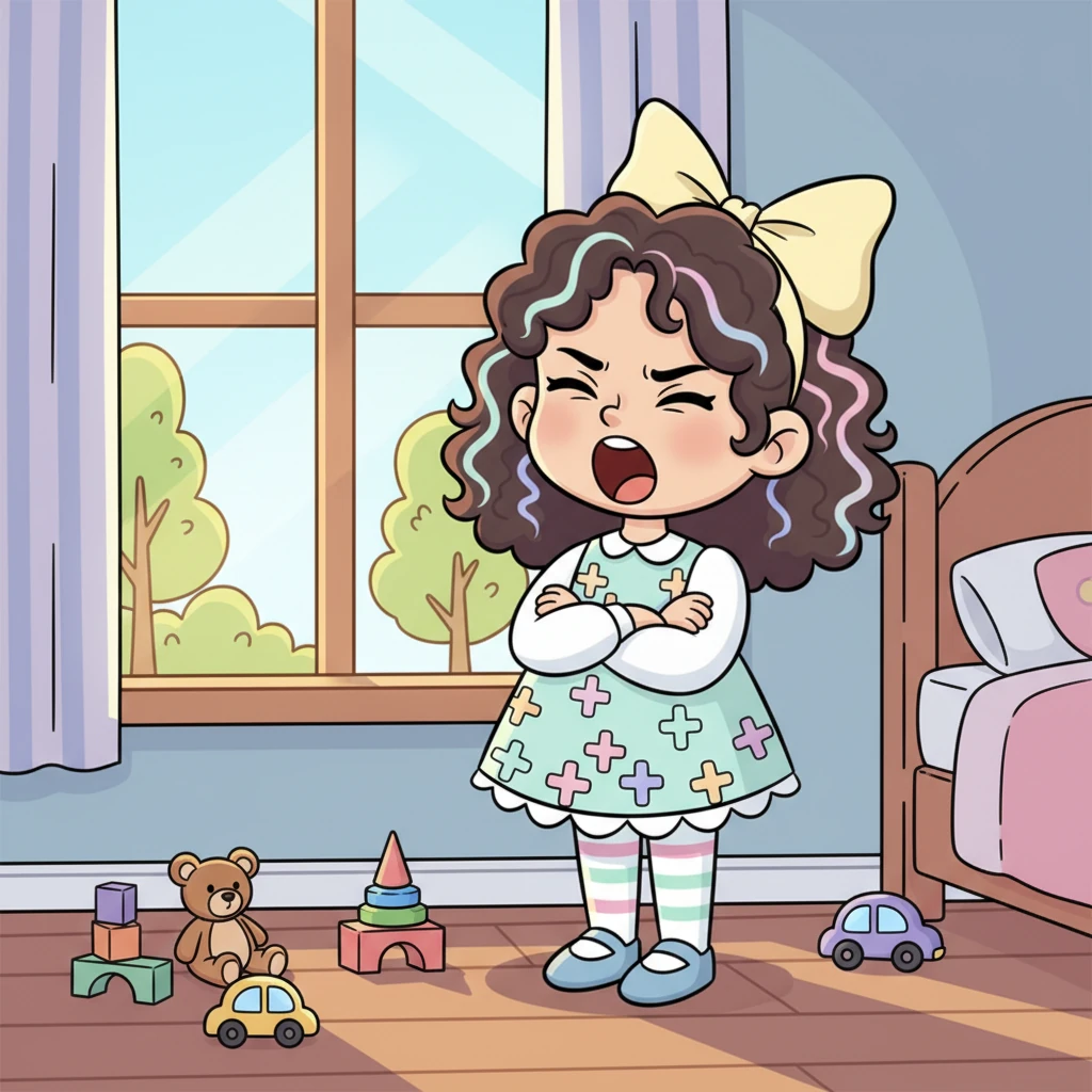 Lia acordou num domingo de manhã com um grande bocejo e uma pequena carranca. Ela espreitou pela janela ensolarada e pensou em todos os brinquedos que preferia brincar em vez de ir à igreja. Seus bracinhos cruzados mostravam que ela não estava muito animada para sair de casa.