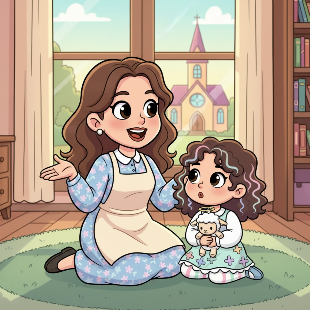 Mamãe, com um sorriso caloroso, sentou-se ao lado de Lia. Ela explicou que a igreja era um lugar especial, cheio de histórias maravilhosas, músicas alegres e muitos amigos para conhecer. Mamãe fez parecer uma grande aventura, com os olhos brilhando de expectativa.