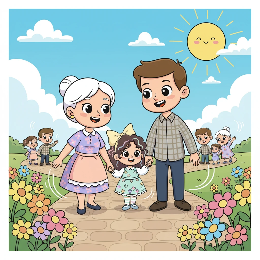 Com um último suspiro, Lia segurou a mão da mamãe e do papai, e eles começaram a caminhada. Pelo caminho, Lia viu outras famílias sorridentes, algumas com crianças que acenavam e riam. O sol brilhava no céu azul, e as flores balançavam suavemente com a brisa.