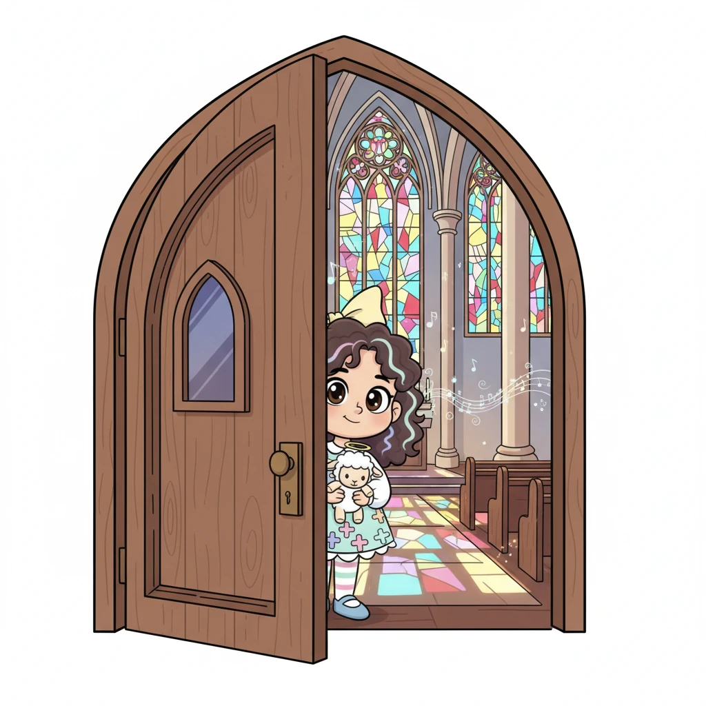 Ao chegarem, Lia espiou pela porta grande da igreja, que parecia um castelo de contos de fadas. Lá dentro, ela viu luzes coloridas dançando no chão vindas de janelas de vitral brilhantes. Uma melodia suave flutuava no ar, e tudo parecia tão convidativo.