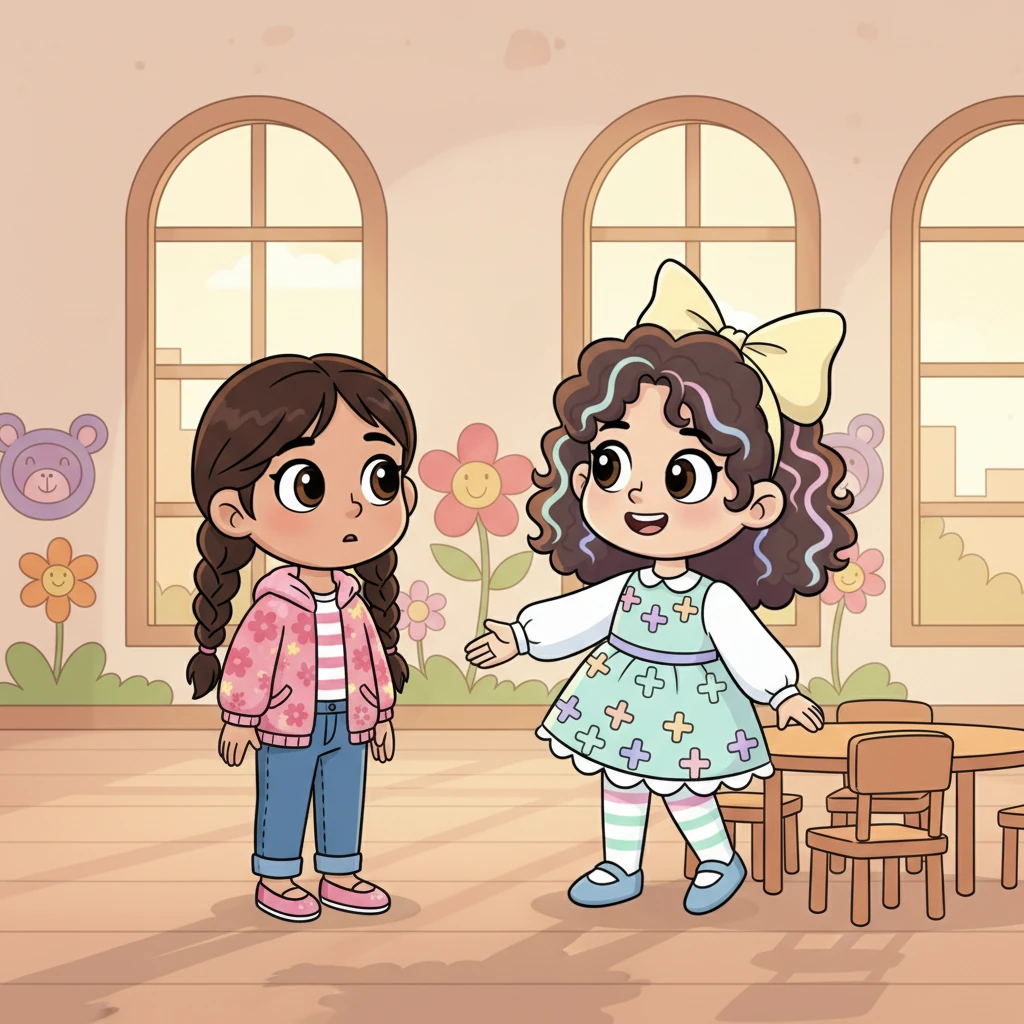 Assim que entraram, uma menina com um vestido rodado e um sorriso enorme se aproximou de Lia. "Olá! Meu nome é Sofia", disse ela, estendendo a mão. Sofia convidou Lia para sentar ao seu lado, e Lia sentiu um calorzinho no coração.