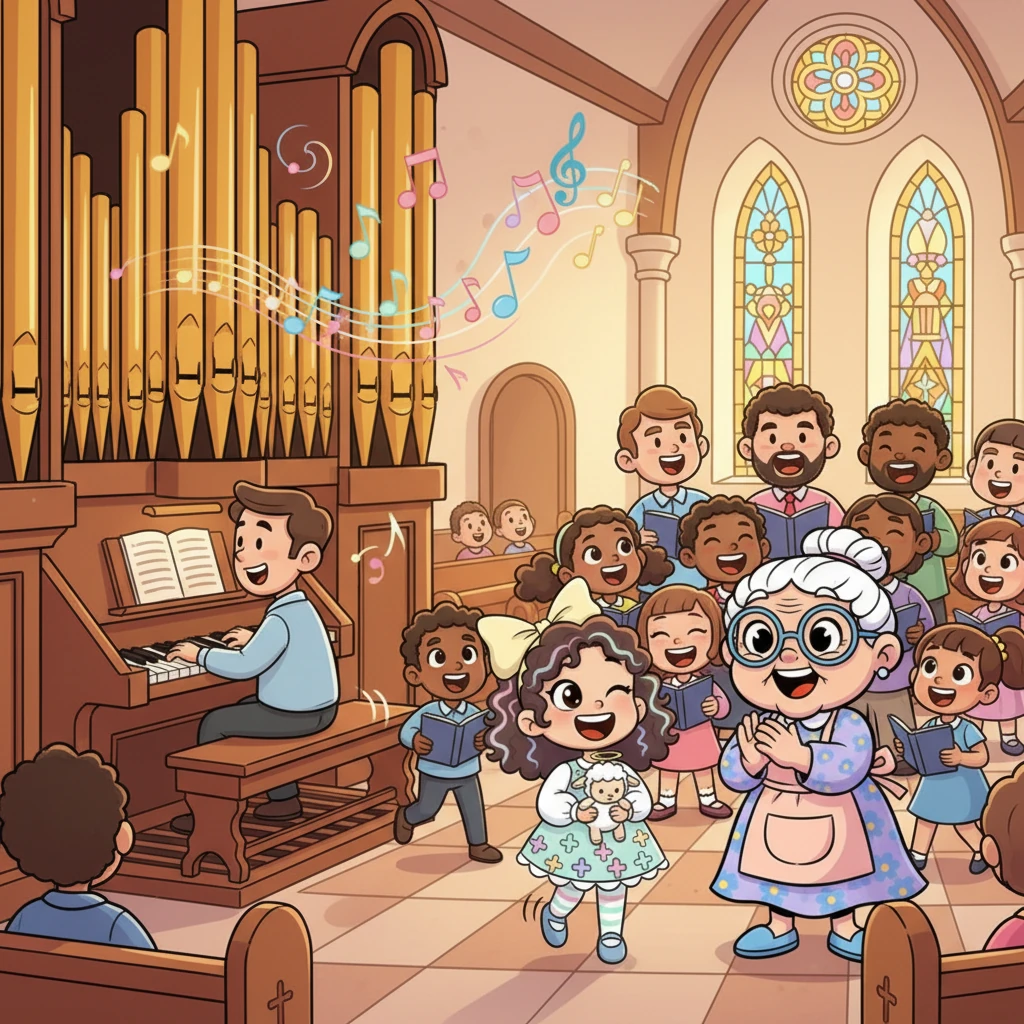 Logo, a música começou! Um coro de crianças e adultos cantava com vozes alegres, e o órgão tocava melodias animadas. Lia, no começo tímida, logo se viu batendo o pé e balançando a cabeça no ritmo, um sorriso se abrindo em seu rosto.