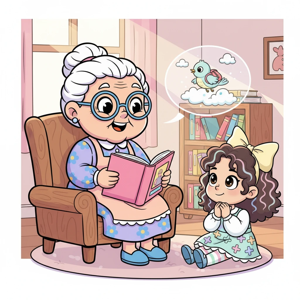 Depois da música, uma senhora com óculos engraçados e uma voz doce começou a contar uma história. Era sobre um pequeno passarinho que ajudou um amigo esquecido. Lia ficou completamente hipnotizada, imaginando o passarinho em sua aventura.