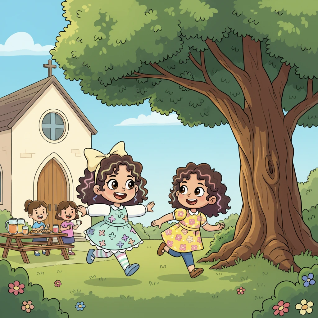 Quando o serviço terminou, havia biscoitos deliciosos e suco de frutas para todos. Lia e Sofia correram para o jardim da igreja, onde brincaram de pega-pega sob a sombra de uma grande árvore. Elas riam e corriam, fazendo novos planos para a semana.