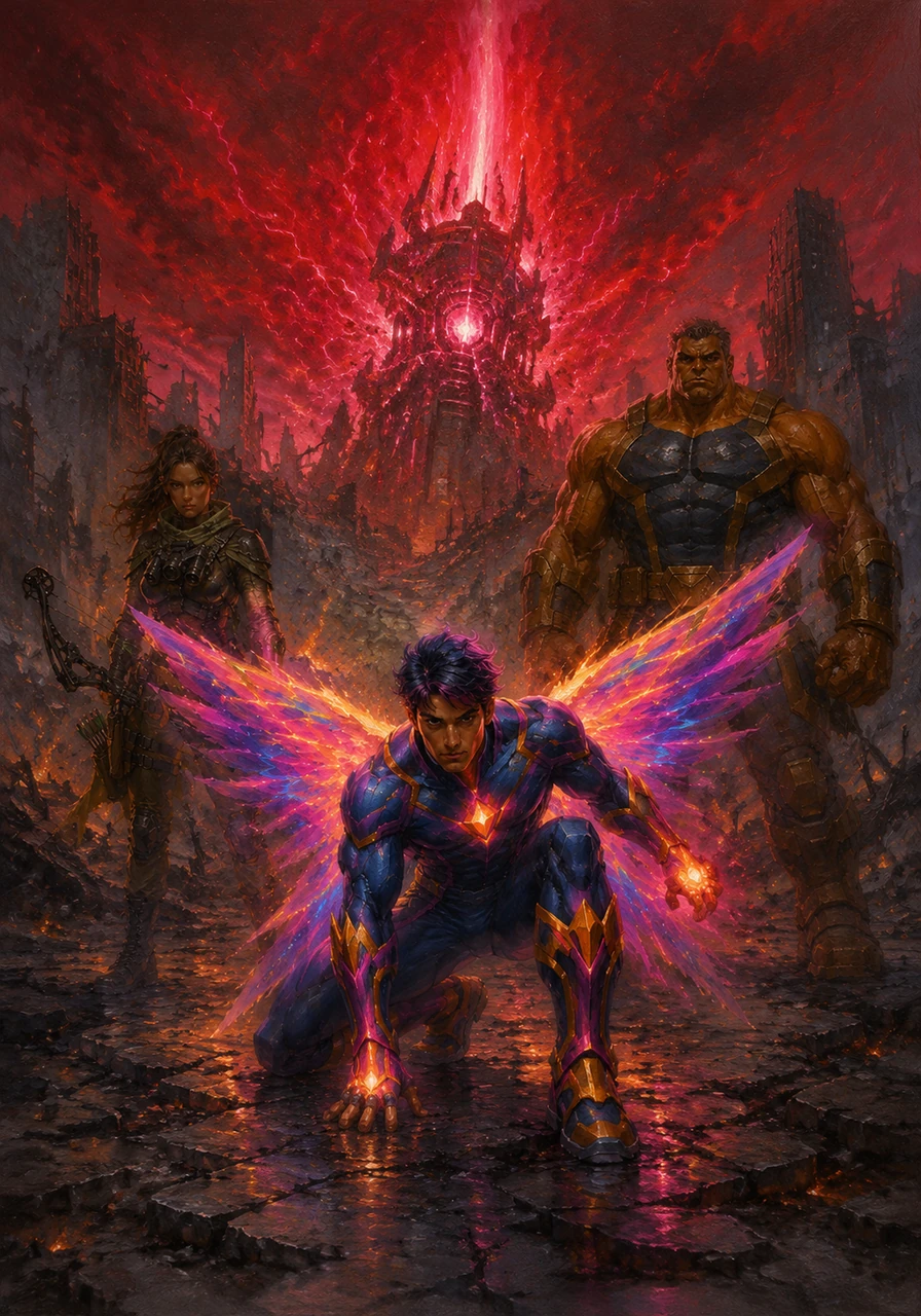 Neon lands amidst the smoldering ruins of a futuristic metropolis, his boots heavy on the cracked pavement. Above him, the sky is stained a violent electric red as the city's pulse reactor begins to flicker and fail.
