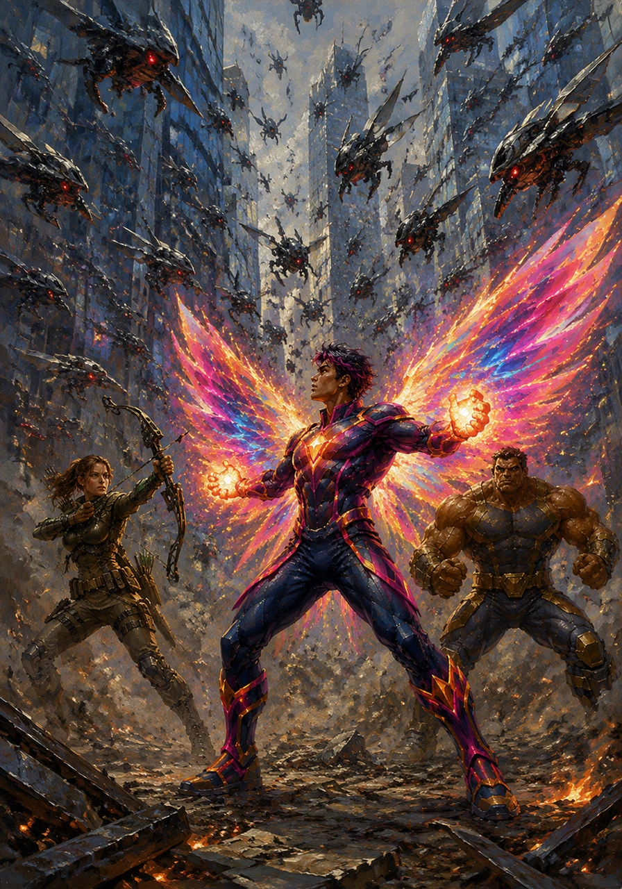 A swarm of sleek, lethal drones descends from the heights of the glass skyscrapers like a cloud of steel locusts. Neon unfurls his glowing energy wings, charging his hands with brilliant light to meet the mechanical onslaught.