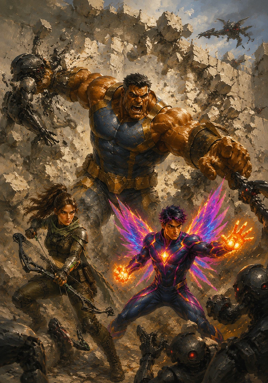 A massive concrete wall shatters into dust as Titan, a hero of incredible strength, bursts into the fray. With a roar, he clears the path for Neon, swatting drones aside with his bare hands as they coordinate their defense.