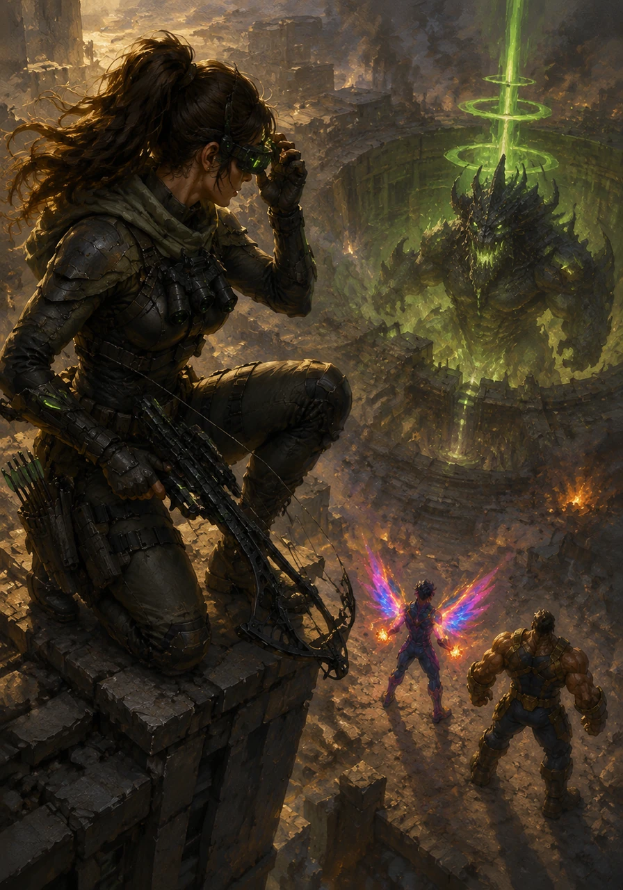 High above on a jagged rooftop, Valkyria watches the chaos through her tactical visor, her high-tech bow gripped tightly. She identifies the true threat lurking in the underground core and relays the coordinates to her teammates below.