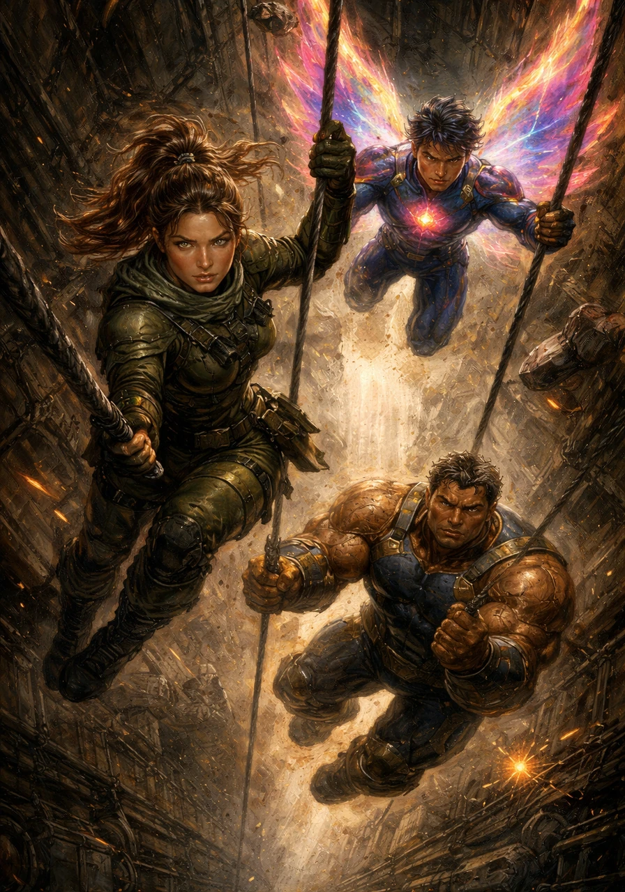 Neon and Titan plunge into the darkness of a destroyed elevator shaft, sliding down the cables toward the city's deepest levels. Between the sparks of falling debris, they share a moment of grim determination before reaching the heart of the enemy's lair.