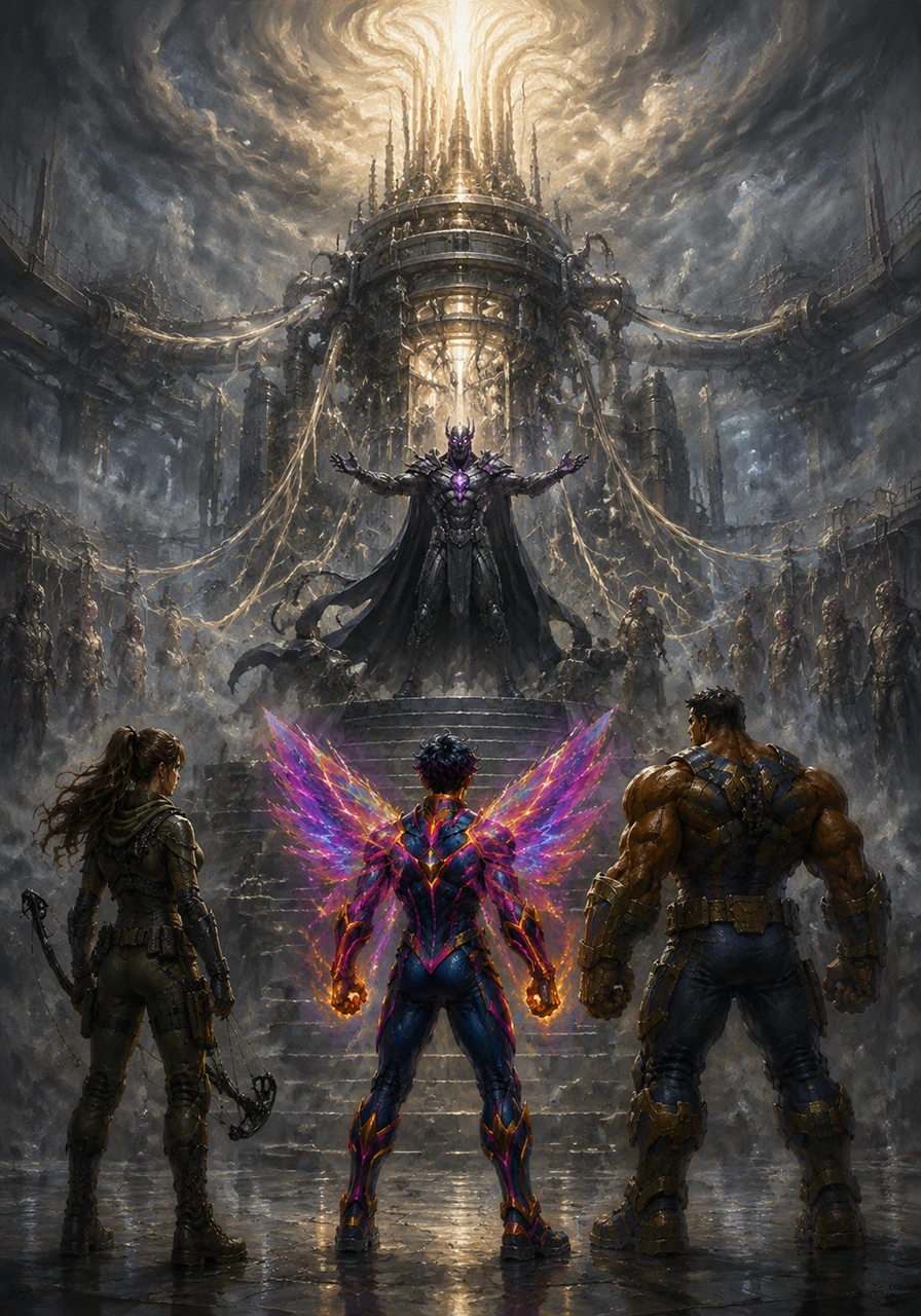 They enter a vast, cold chamber where a massive machine siphons the light and life from the air. Vortex, a tyrant of metal and shadow, stands at the center, preaching a cold world of perfect, lifeless order.