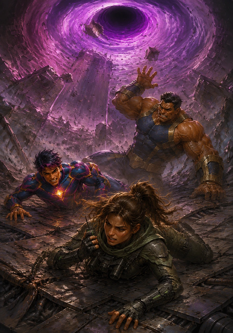 Vortex levitates, unleashing crushing waves of gravity that buckle the metal floor and pin the heroes down. As Titan struggles to stand against the invisible weight, Valkyria’s voice crackles over the radio, promising a window of opportunity.