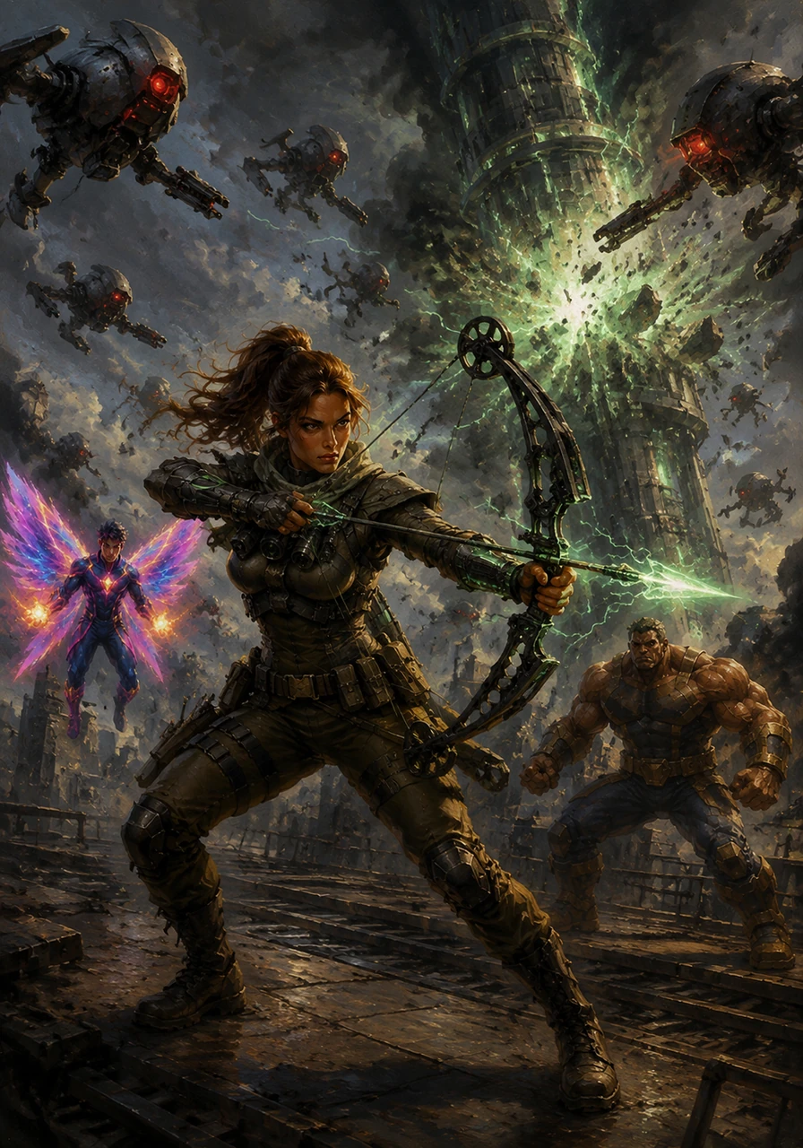 On the rooftop, Valkyria is surrounded by the Legion’s drones but refuses to retreat, her fingers flying across her wrist gauntlet. She fires a final EMP arrow that disrupts the facility's power, sacrificing her position to disable Vortex’s gravity inhibitors.