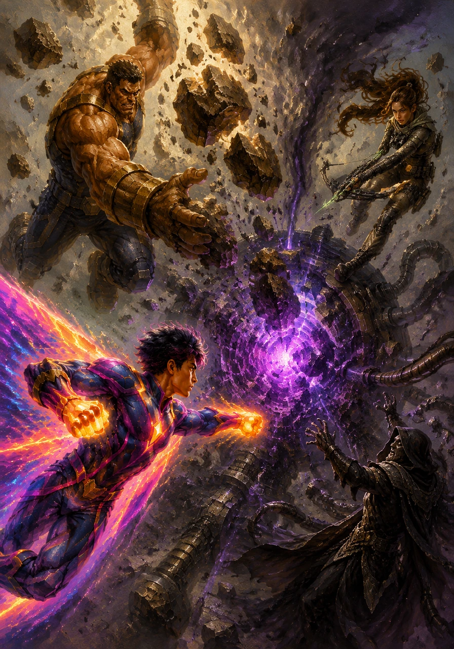 With the gravity suddenly inverted, Neon streaks forward like a comet while Titan hurls massive chunks of debris at the villain. Their combined might strikes at the core of Vortex’s machine, shattering the dark energy held within.