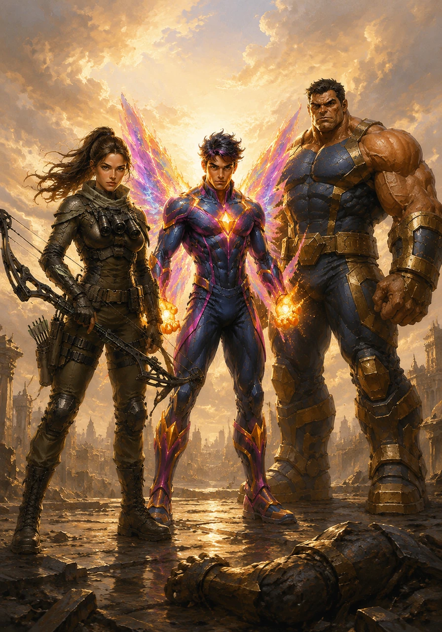 A blinding white light consumes the chamber as the tyrant falls, and the heroes emerge into the first rays of a natural dawn. Amidst the scars of battle, Valkyria, Neon, and Titan stand together, ready to rebuild the city they swore to protect.