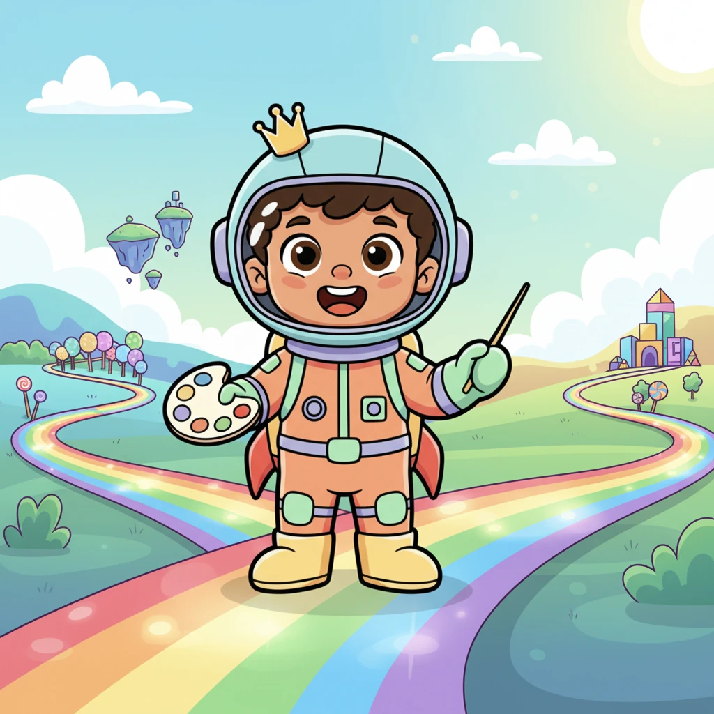 Little Pip stood at the edge of a rainbow-colored road, his eyes wide with wonder. Many different paths branched out before him, each shimmering with its own unique magic, inviting him to explore.