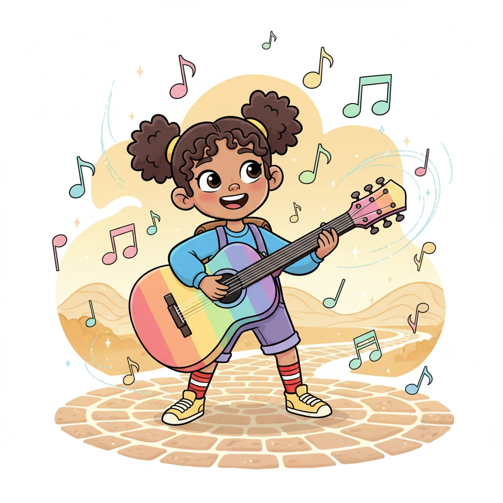 Then, Pip found himself on the Musician's Path. He strummed a giant, rainbow-colored guitar, and floating musical notes danced around him. His smile was wide as he created a happy melody.