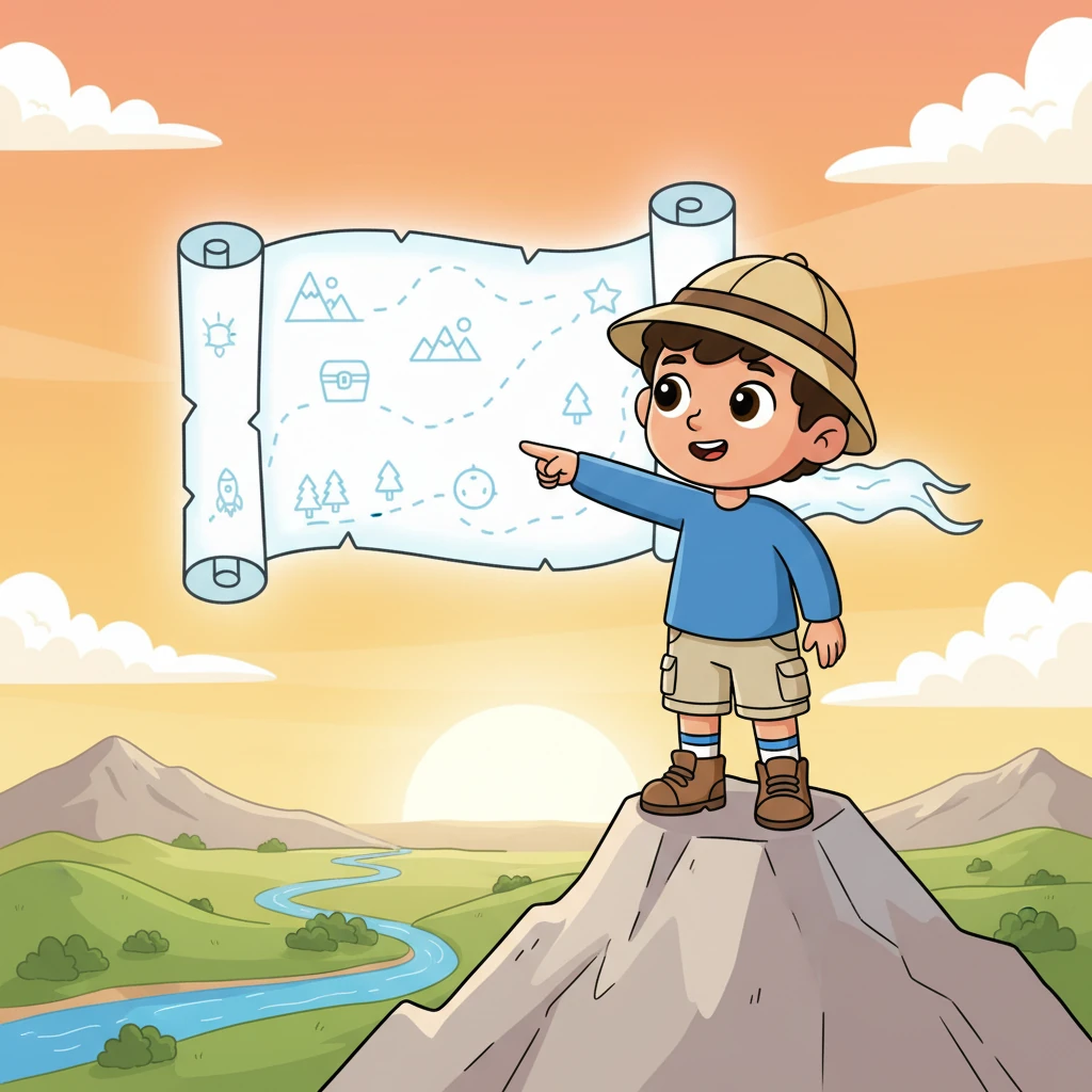 The Adventurer's Path called to Pip! Wearing a tiny explorer's hat, he gazed out from a mountain peak, a friendly fluffy cloud shaped like a map pointing the way to new discoveries.