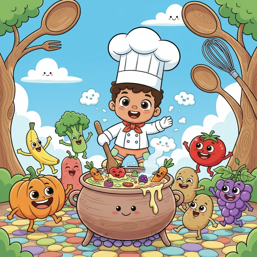 Pip then discovered the Chef's Path, donning a tall chef's hat. He stirred a bubbling pot of colorful, delicious-smelling soup, surrounded by laughing fruits and vegetables that looked on with delight.