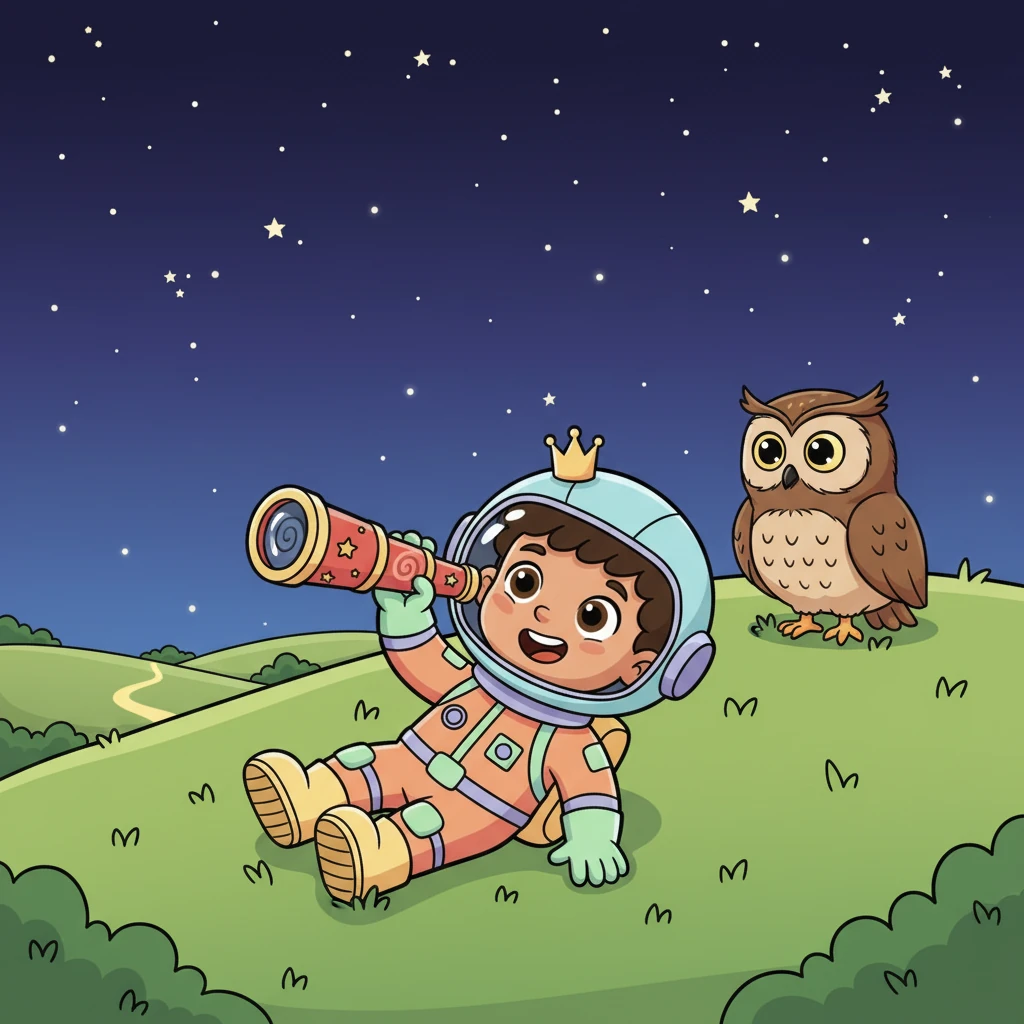 Under a blanket of twinkling stars, Pip explored the Stargazer's Path. He lay on soft grass, pointing at constellations with a whimsical telescope, a wise, friendly owl perched quietly nearby.