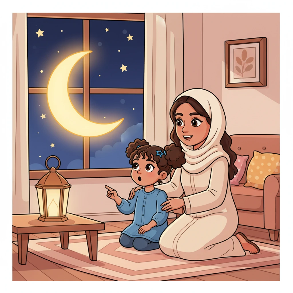 Mariam's mother kneels beside her in their warm home, pointing gently to a glowing crescent moon visible through the window. Mariam's eyes are wide with wonder, reflecting the soft blue night sky and the golden glow around the moon. A feeling of excitement and warmth fills the air as Ramadan begins.