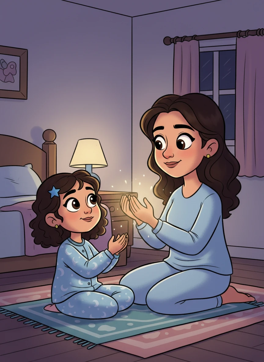 Mariam, in her comfy pajamas, sits on a small prayer mat. Her mother is beside her, gently guiding Mariam's hands upward in dua, a heartfelt prayer. The room is dim, lit softly by a warm bedside lamp, and a faint golden light seems to glow around their joined hands, symbolizing their sincere intentions.