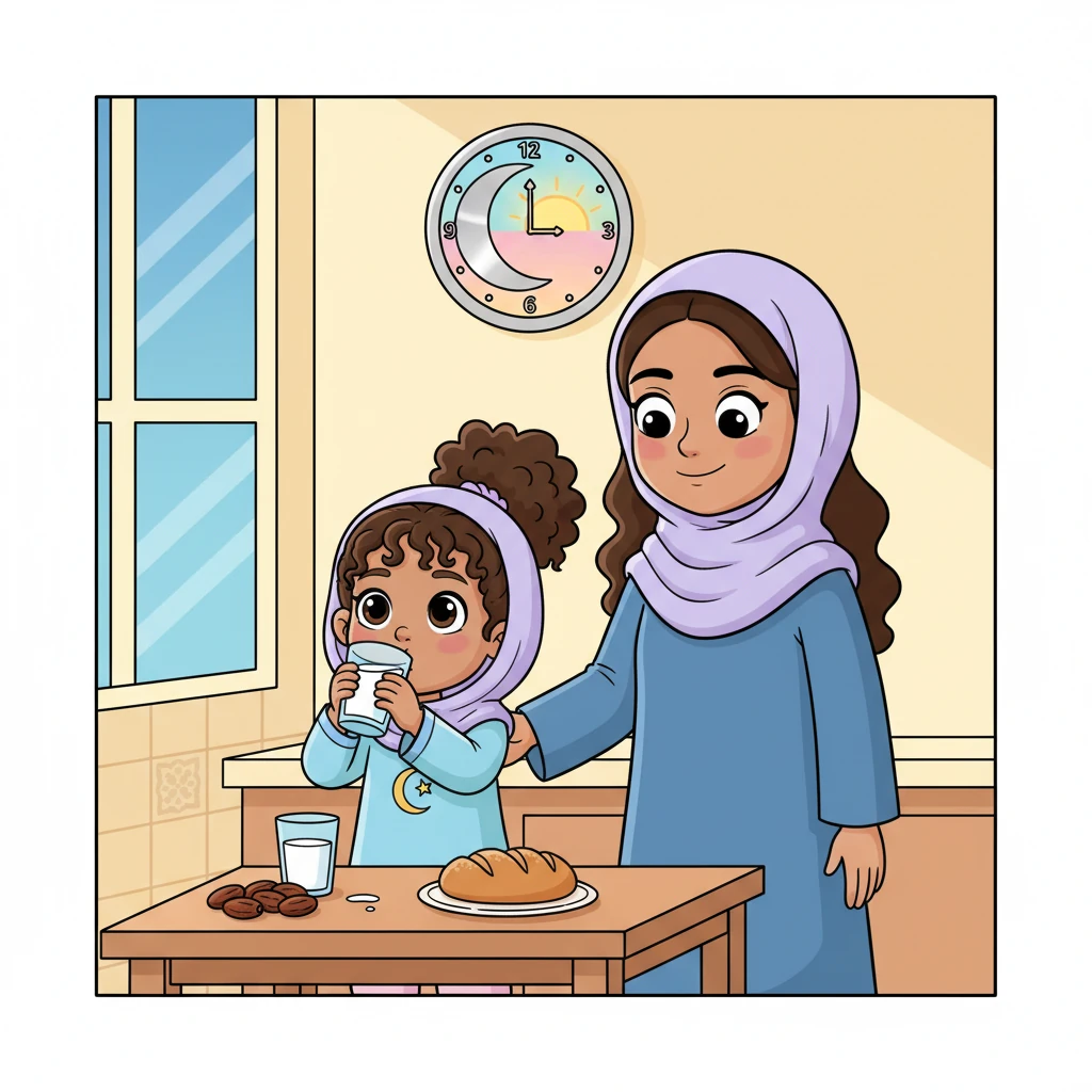 The kitchen is bathed in the soft, early blue light of pre-dawn filtering through the window. On the table, simple foods like dates, milk, and bread are laid out. Mariam's mother smiles gently as Mariam takes the last sip of her drink, preparing for the day of fasting. A whimsical clock face shows the moon turning into a light sky, marking the early hour.