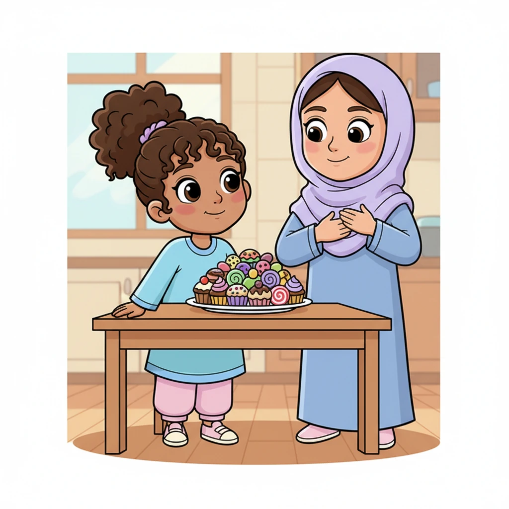 It's daytime, and a tempting plate of colorful sweets sits on the kitchen table. Mariam eyes them longingly, but her mother gently places a hand over her own heart and smiles calmly, encouraging patience. Mariam closes her eyes, takes a deep breath, and then beams with pride, having overcome the temptation.