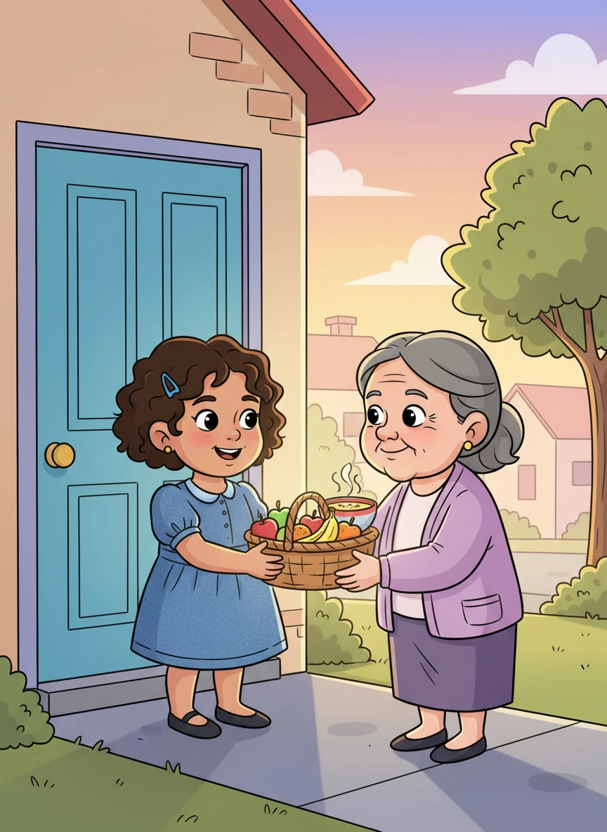 Bathed in the golden light of a setting sun, Mariam and her mother stand by their front door, holding a small, overflowing basket of fruits and warm soup. They offer it to an elderly neighbor, who smiles warmly in return, their hearts filled with the joy of giving. This act of generosity creates a beautiful glow around them.