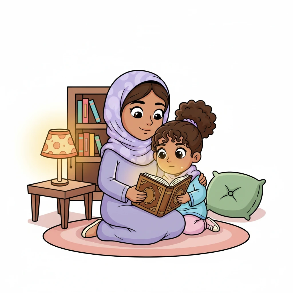 In their cozy living room, Mariam's mother sits cross-legged on a soft carpet, reading from the Qur’an. Mariam leans against her shoulder, listening intently to the beautiful words. A soft, golden glow seems to emanate from the sacred pages, illuminating their peaceful moment together under the warm lamp.