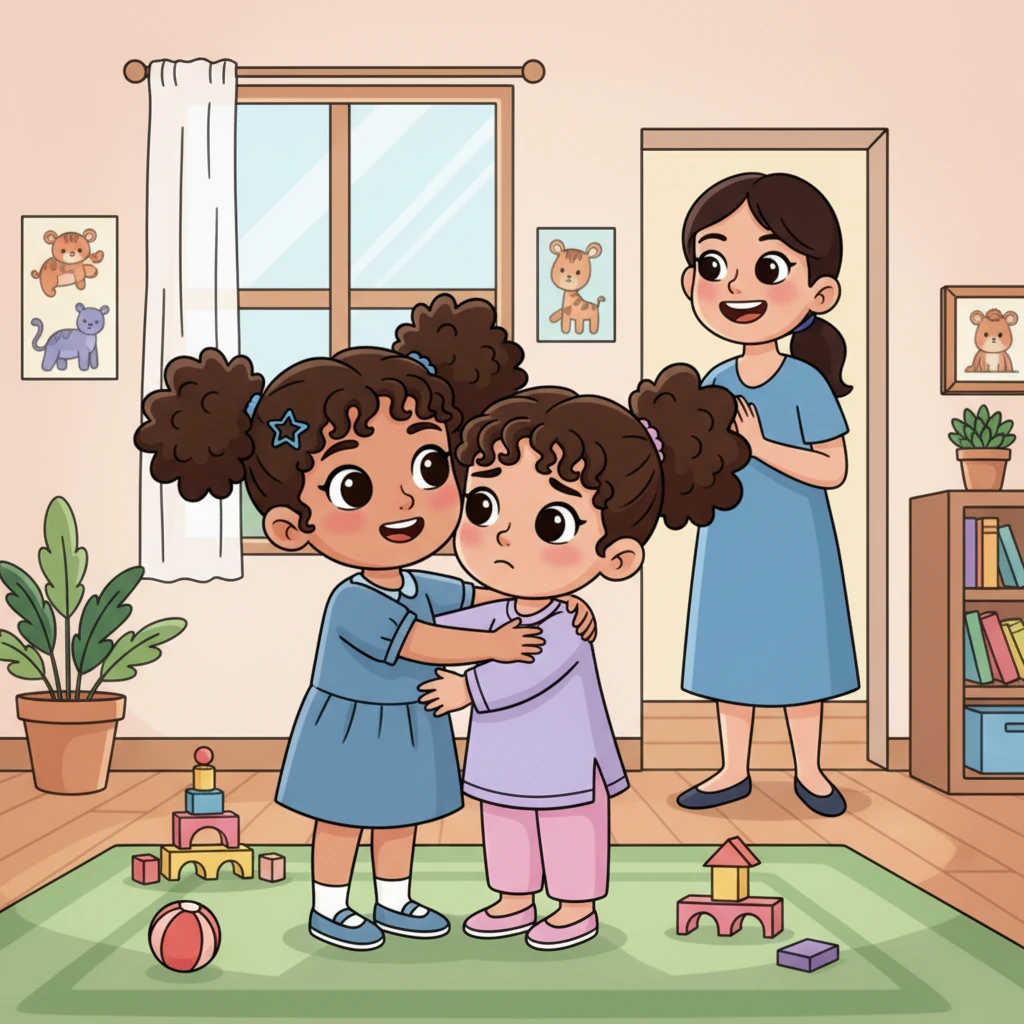 Mariam is playing with a friend, and for a moment, a small disagreement brings sad frowns to their faces. But then, Mariam gently gives her friend a warm hug, quickly mending their little tiff. Her mother watches from the background, a proud smile gracing her lips, happy to see her daughter's kindness.